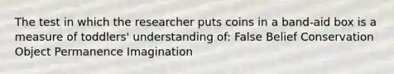 The test in which the researcher puts coins in a band-aid box is a measure of toddlers' understanding of: False Belief Conservation Object Permanence Imagination