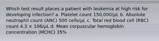 Which test result places a patient with leukemia at high risk for developing infection? a. Platelet count 150,000/µL b. Absolute neutrophil count (ANC) 500 cells/µL c. Total red blood cell (RBC) count 4.3 × 106/µL d. Mean corpuscular hemoglobin concentration (MCHC) 35%