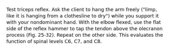 Test triceps reflex. Ask the client to hang the arm freely ("limp, like it is hanging from a clothesline to dry") while you support it with your nondominant hand. With the elbow flexed, use the flat side of the reflex hammer to tap the tendon above the olecranon process (Fig. 25-32). Repeat on the other side. This evaluates the function of spinal levels C6, C7, and C8.