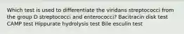 Which test is used to differentiate the viridans streptococci from the group D streptococci and enterococci? Bacitracin disk test CAMP test Hippurate hydrolysis test Bile esculin test