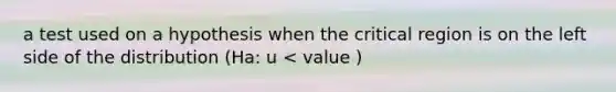 a test used on a hypothesis when the critical region is on the left side of the distribution (Ha: u < value )