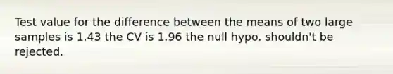 Test value for the difference between the means of two large samples is 1.43 the CV is 1.96 the null hypo. shouldn't be rejected.