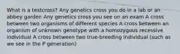 What is a testcross? Any genetics cross you do in a lab or an abbey garden Any genetics cross you see on an exam A cross between two organisms of different species A cross between an organism of unknown genotype with a homozygous recessive individual A cross between two true-breeding individual (such as we see in the P generation)