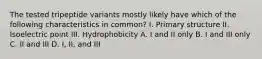 The tested tripeptide variants mostly likely have which of the following characteristics in common? I. Primary structure II. Isoelectric point III. Hydrophobicity A. I and II only B. I and III only C. II and III D. I, II, and III