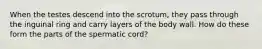 When the testes descend into the scrotum, they pass through the inguinal ring and carry layers of the body wall. How do these form the parts of the spermatic cord?