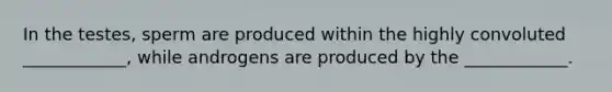 In the testes, sperm are produced within the highly convoluted ____________, while androgens are produced by the ____________.