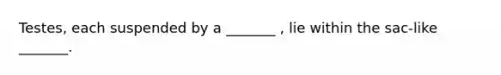 Testes, each suspended by a _______ , lie within the sac-like _______.