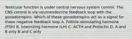 Testicular function is under central nervous system control. The CNS control is via neuroendocrine feedback loop with the gonadotropins. Which of these gonadotropins act as a signal for these negative feedback loop A. Follicle-stimulating hormone (FSH) B. luteinizing hormone (LH) C. ACTH and Prolactin D. A and B only B and C only