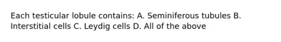Each testicular lobule contains: A. Seminiferous tubules B. Interstitial cells C. Leydig cells D. All of the above