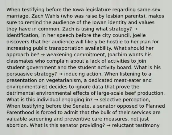 When testifying before the Iowa legislature regarding same-sex marriage, Zach Wahls (who was raise by lesbian parents), makes sure to remind the audience of the Iowan identity and values they have in common. Zach is using what strategy? → Identification, In her speech before the city council, Joelle discovers that her audience will likely be hostile to her plan for increasing public transportation availability. What should her approach be? → weakening commitment, Joachim wants his classmates who complain about a lack of activities to join student government and the student activity board. What is his persuasive strategy? → inducing action, When listening to a presentation on vegetarianism, a dedicated meat-eater and environmentalist decides to ignore data that prove the detrimental environmental effects of large-scale beef production. What is this individual engaging in? → selective perception, When testifying before the Senate, a senator opposed to Planned Parenthood is forced to admit that the bulk of their services are valuable screening and preventive care measures, not just abortion. What is this senator providing? → reluctant testimony