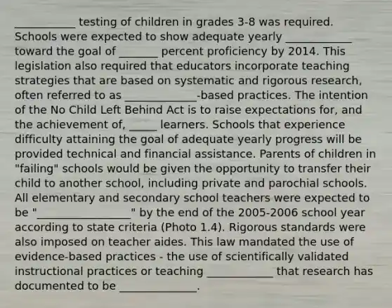 ___________ testing of children in grades 3-8 was required. Schools were expected to show adequate yearly ____________ toward the goal of _______ percent proficiency by 2014. This legislation also required that educators incorporate teaching strategies that are based on systematic and rigorous research, often referred to as _____________-based practices. The intention of the No Child Left Behind Act is to raise expectations for, and the achievement of, _____ learners. Schools that experience difficulty attaining the goal of adequate yearly progress will be provided technical and financial assistance. Parents of children in "failing" schools would be given the opportunity to transfer their child to another school, including private and parochial schools. All elementary and secondary school teachers were expected to be "_________________" by the end of the 2005-2006 school year according to state criteria (Photo 1.4). Rigorous standards were also imposed on teacher aides. This law mandated the use of evidence-based practices - the use of scientifically validated instructional practices or teaching ____________ that research has documented to be ______________.