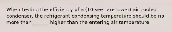 When testing the efficiency of a (10 seer are lower) air cooled condenser, the refrigerant condensing temperature should be no more than_______ higher than the entering air temperature