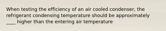 When testing the efficiency of an air cooled condenser, the refrigerant condensing temperature should be approximately ____ higher than the entering air temperature