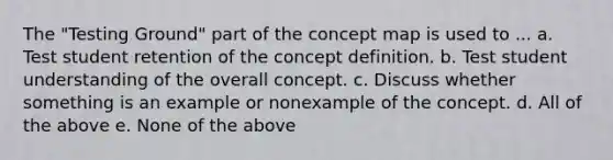 The "Testing Ground" part of the concept map is used to ... a. Test student retention of the concept definition. b. Test student understanding of the overall concept. c. Discuss whether something is an example or nonexample of the concept. d. All of the above e. None of the above