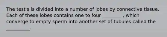 The testis is divided into a number of lobes by connective tissue. Each of these lobes contains one to four ________ , which converge to empty sperm into another set of tubules called the __________.