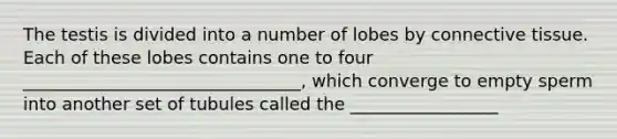 The testis is divided into a number of lobes by <a href='https://www.questionai.com/knowledge/kYDr0DHyc8-connective-tissue' class='anchor-knowledge'>connective tissue</a>. Each of these lobes contains one to four ________________________________, which converge to empty sperm into another set of tubules called the _________________