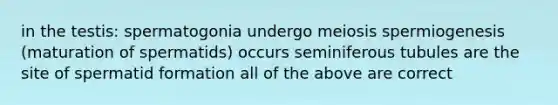 in the testis: spermatogonia undergo meiosis spermiogenesis (maturation of spermatids) occurs seminiferous tubules are the site of spermatid formation all of the above are correct