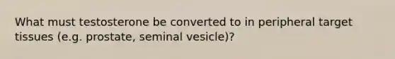 What must testosterone be converted to in peripheral target tissues (e.g. prostate, seminal vesicle)?