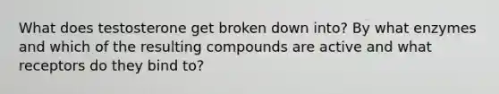 What does testosterone get broken down into? By what enzymes and which of the resulting compounds are active and what receptors do they bind to?