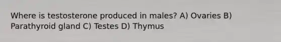 Where is testosterone produced in males? A) Ovaries B) Parathyroid gland C) Testes D) Thymus