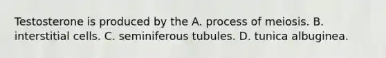 Testosterone is produced by the A. process of meiosis. B. interstitial cells. C. seminiferous tubules. D. tunica albuginea.