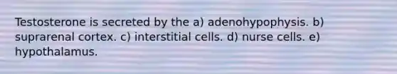 Testosterone is secreted by the a) adenohypophysis. b) suprarenal cortex. c) interstitial cells. d) nurse cells. e) hypothalamus.