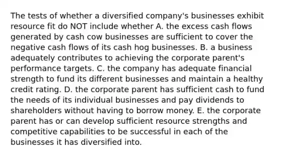 The tests of whether a diversified company's businesses exhibit resource fit do NOT include whether A. the excess cash flows generated by cash cow businesses are sufficient to cover the negative cash flows of its cash hog businesses. B. a business adequately contributes to achieving the corporate parent's performance targets. C. the company has adequate financial strength to fund its different businesses and maintain a healthy credit rating. D. the corporate parent has sufficient cash to fund the needs of its individual businesses and pay dividends to shareholders without having to borrow money. E. the corporate parent has or can develop sufficient resource strengths and competitive capabilities to be successful in each of the businesses it has diversified into.