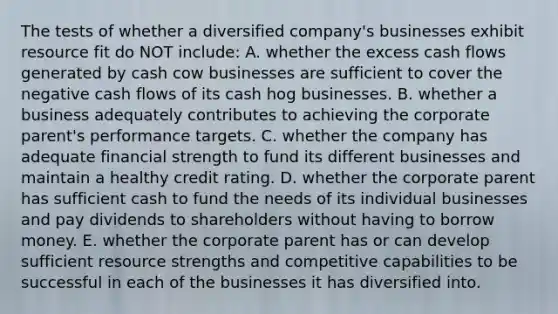 The tests of whether a diversified company's businesses exhibit resource fit do NOT include: A. whether the excess cash flows generated by cash cow businesses are sufficient to cover the negative cash flows of its cash hog businesses. B. whether a business adequately contributes to achieving the corporate parent's performance targets. C. whether the company has adequate financial strength to fund its different businesses and maintain a healthy credit rating. D. whether the corporate parent has sufficient cash to fund the needs of its individual businesses and pay dividends to shareholders without having to borrow money. E. whether the corporate parent has or can develop sufficient resource strengths and competitive capabilities to be successful in each of the businesses it has diversified into.