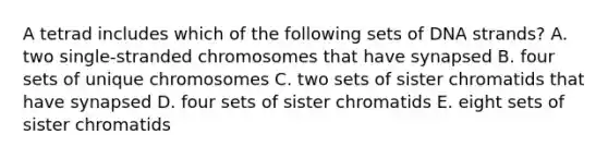 A tetrad includes which of the following sets of DNA strands? A. two single-stranded chromosomes that have synapsed B. four sets of unique chromosomes C. two sets of sister chromatids that have synapsed D. four sets of sister chromatids E. eight sets of sister chromatids