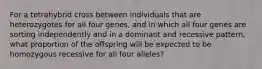 For a tetrahybrid cross between individuals that are heterozygotes for all four genes, and in which all four genes are sorting independently and in a dominant and recessive pattern, what proportion of the offspring will be expected to be homozygous recessive for all four alleles?