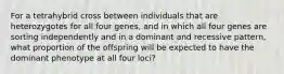 For a tetrahybrid cross between individuals that are heterozygotes for all four genes, and in which all four genes are sorting independently and in a dominant and recessive pattern, what proportion of the offspring will be expected to have the dominant phenotype at all four loci?