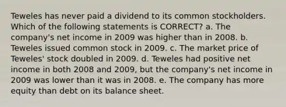 Teweles has never paid a dividend to its common stockholders. Which of the following statements is CORRECT? a. The company's net income in 2009 was higher than in 2008. b. Teweles issued common stock in 2009. c. The market price of Teweles' stock doubled in 2009. d. Teweles had positive net income in both 2008 and 2009, but the company's net income in 2009 was lower than it was in 2008. e. The company has more equity than debt on its balance sheet.