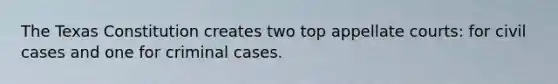 The Texas Constitution creates two top appellate courts: for civil cases and one for criminal cases.