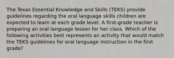 The Texas Essential Knowledge and Skills (TEKS) provide guidelines regarding the oral language skills children are expected to learn at each grade level. A first-grade teacher is preparing an oral language lesson for her class. Which of the following activities best represents an activity that would match the TEKS guidelines for oral language instruction in the first grade?