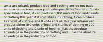 texia and urbania produce food and clothing and do not trade. both countries have linear production possibility frontiers. if texia specializes in food, it can produce 1,000 units of food and 0 units of clothing this year. if it specializes in clothing, it can produce 500 units of clothing and 0 units of food. this year urbania can produce either 500 units of food and 0 units of clothing or 200 units of clothing and 0 units of food. q: _has the absolute advantage in the production of clothing and __has the absolute advantage in the production of food.