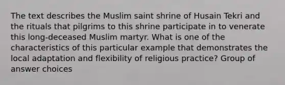 The text describes the Muslim saint shrine of Husain Tekri and the rituals that pilgrims to this shrine participate in to venerate this long-deceased Muslim martyr. What is one of the characteristics of this particular example that demonstrates the local adaptation and flexibility of religious practice? Group of answer choices