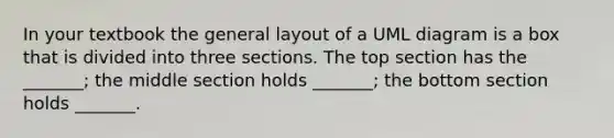 In your textbook the general layout of a UML diagram is a box that is divided into three sections. The top section has the _______; the middle section holds _______; the bottom section holds _______.