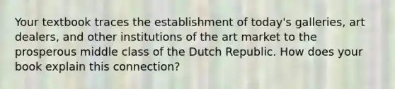 Your textbook traces the establishment of today's galleries, art dealers, and other institutions of the art market to the prosperous middle class of the Dutch Republic. How does your book explain this connection?