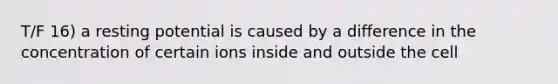T/F 16) a resting potential is caused by a difference in the concentration of certain ions inside and outside the cell