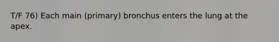 T/F 76) Each main (primary) bronchus enters the lung at the apex.