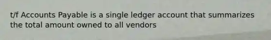 t/f Accounts Payable is a single ledger account that summarizes the total amount owned to all vendors