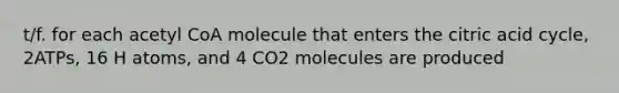 t/f. for each acetyl CoA molecule that enters the citric acid cycle, 2ATPs, 16 H atoms, and 4 CO2 molecules are produced