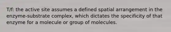 T/f: the active site assumes a defined spatial arrangement in the enzyme-substrate complex, which dictates the specificity of that enzyme for a molecule or group of molecules.