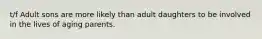 t/f Adult sons are more likely than adult daughters to be involved in the lives of aging parents.