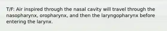 T/F: Air inspired through the nasal cavity will travel through the nasopharynx, oropharynx, and then the laryngopharynx before entering the larynx.