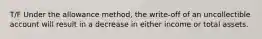 T/F Under the allowance method, the write-off of an uncollectible account will result in a decrease in either income or total assets.