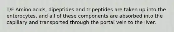 T/F Amino acids, dipeptides and tripeptides are taken up into the enterocytes, and all of these components are absorbed into the capillary and transported through the portal vein to the liver.