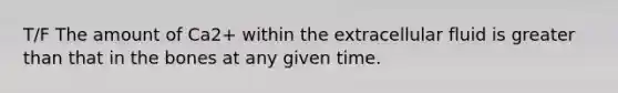 T/F The amount of Ca2+ within the extracellular fluid is greater than that in the bones at any given time.