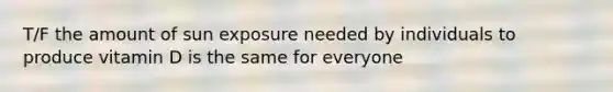 T/F the amount of sun exposure needed by individuals to produce vitamin D is the same for everyone