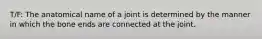 T/F: The anatomical name of a joint is determined by the manner in which the bone ends are connected at the joint.